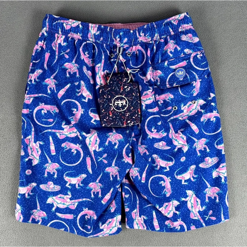Peter Millar Swim Trunks Shorts Small Blue Pink Seaside Iguana‎ Geometric New